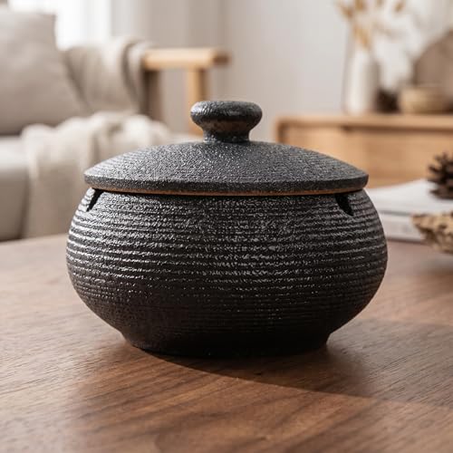 Ceramic Ashtray with Lid Windproof Cigarette Ashtray for Indoor Outdoor Use Ash Holder for Smokers Desktop Smoking Ash Tray for Home Office Decoration (Brown)