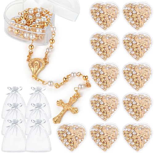 ROCEEI 50 Pcs Catholic Rosary Necklace 4 mm Glass Beads Rosary Favors Crucifix Prayer with Faux Pearl with Heart Shaped Box and Organza Bag for First Communion Baptism (Gold)