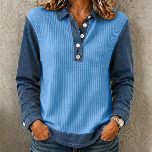 Waffle Tops for Women Jean Patchwork Collared Button Fashion Shirts - image 5