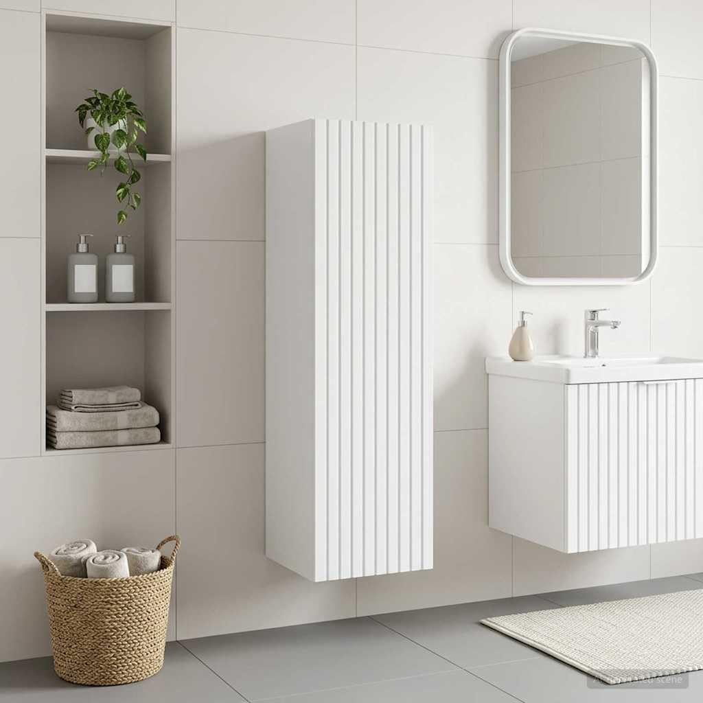 Armadietto da bagno da parete bianco lucido in legno con ampio spazio di archiviazione, 33 x 34,5 x 60 cm, ideale per lavabo, lavandino, WC degli ospiti, con anta e mensola