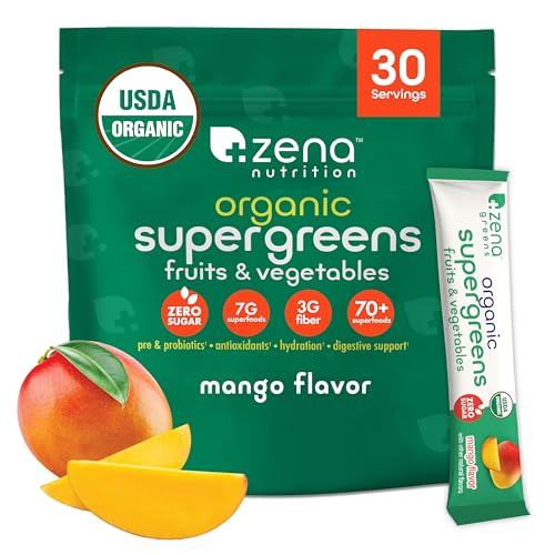 Zena Nutrition Organic Super Greens Powder 70+ Superfoods 0 Sugar 3G Fiber Spirulina Chlorella Mushrooms Prebiotics/Probiotics Digestive Enzymes for Gut Health Mango 30 Drink Mix Packets