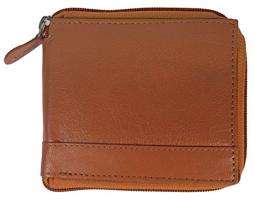 Bullz Men's Leather Zip Around Wallet ID Card Window Secure Zipper Bifold Tan2