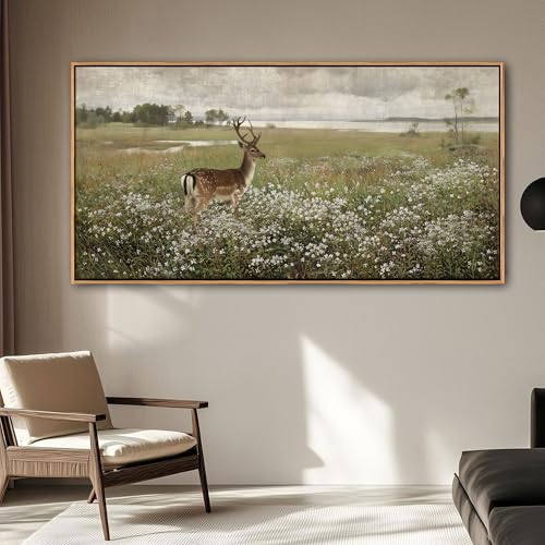 Vintage Wall Art for Living Room Farmhouse Wall Art, Country Wall Decor, Deer Art - Rustic Nature Canvas, Large Landscape Pictures for Bedroom Framed Artwork for Walls 24×48IN