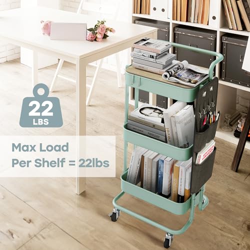 Image of DTK 3-Tier Rolling Cart with Table Top, Metal Utility Cart with Side Bags | Tray Storage Organizer, Lockable Wheels, 4 Hooks, Art Cart for Kitchen, Bathroom, Office, Craft room, Living room, Green