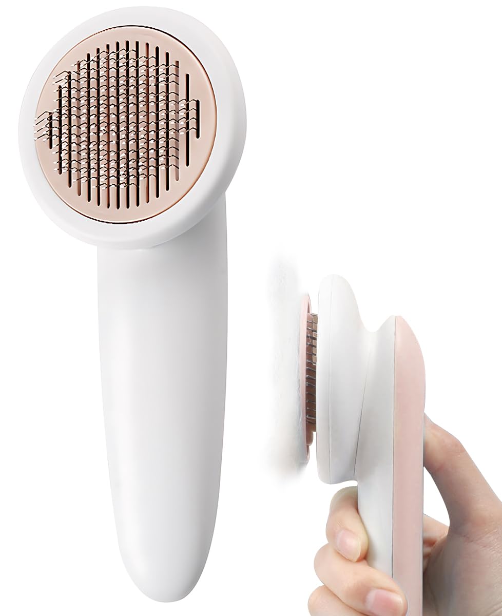 OKBUYNOW Pet Grooming Brush Self Clean Slicker Brush Comb Shedding Tools for Dogs and Cats Massage Removes Loose Undercoat Mats Tangled Dead Undercoat and Dirt, Pink