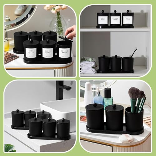 BIKALAN Glas Wattestäbchen Behälter, Schminktisch Badezimmer Organizer Set mit Tablett, Wattepadspender Make up Organizer für Wattestäbchen, Wattepads (Matt Schwarz-3er)