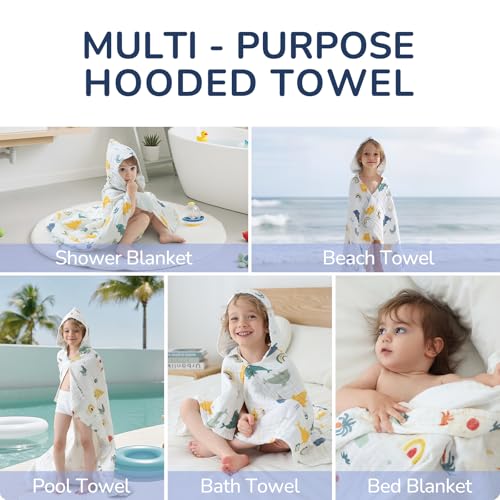 Image of Toddler Hooded Bath Towels,100% Cotton Muslin Baby Towels for Boys Girls,Ultra Soft & Absorbent Quick Dry Kids Towel for Beach,Pool,Bathroom,Large 43x43 Inch