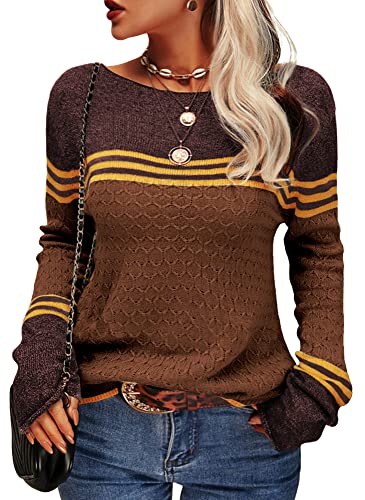 Image of Danedvi Womens Fall Fashion 2026 Sweaters Colorblock Lightweight Striped Crewneck Winter Trendy Pullover Tops