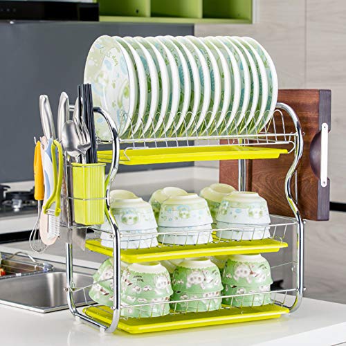 Escurridor de platos de acero inoxidable de 3 niveles, escurridor de estante de cocina para platos, tazas y cubiertos, bandeja que ahorra espacio (verde, 41 x 25 x 44 cm)