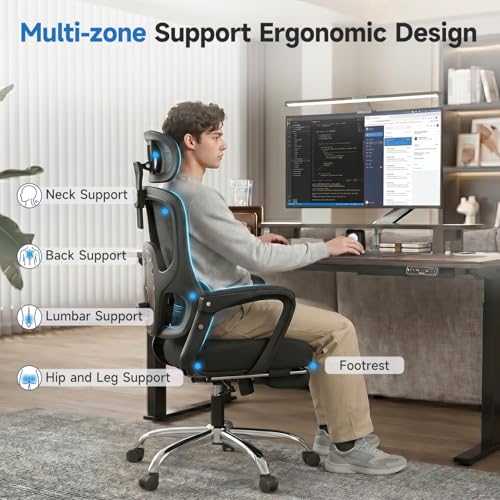 Image of Ergonomic Office Chair with Footrest, 90-145 Reclining Mesh Desk Chair