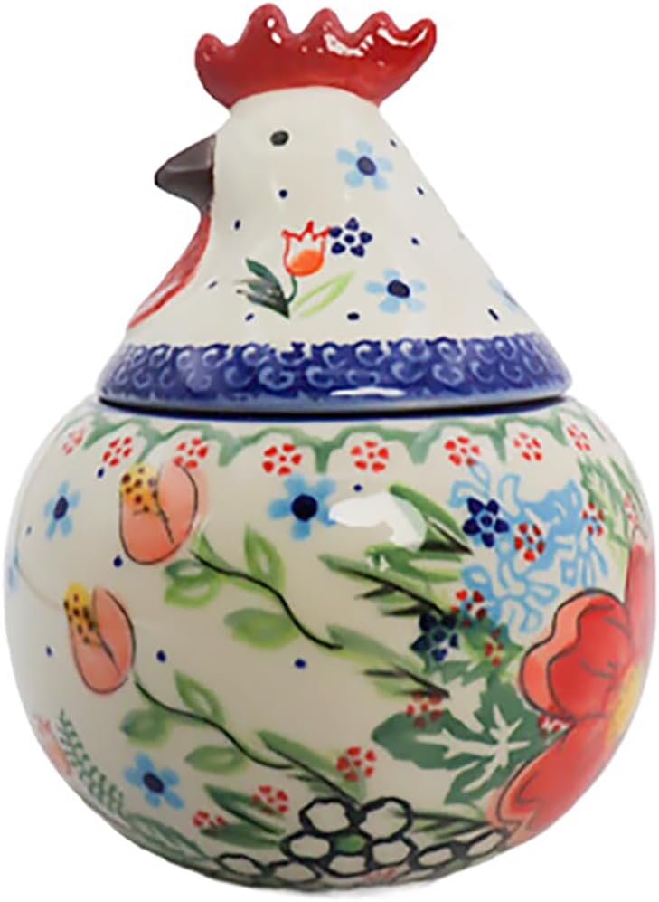Vintage Flower Pattern Ceramic Sugar Bowl, Rooster Shaped Salt Bowl with Lid, Retro Cock Bowl Condiment Pot for Home and Kitchen, 12 OZ