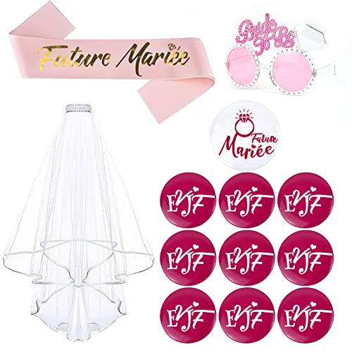 XINRANFF Kit Accessoire Enterrement de Vie de Jeune Fille, EVJF Echarpe Future Mariée, Voile Mariée Blanc avec Peigne, Lunettes, Badge Future Mariée EVJF pour Fête Soirée EVJF Accessoire