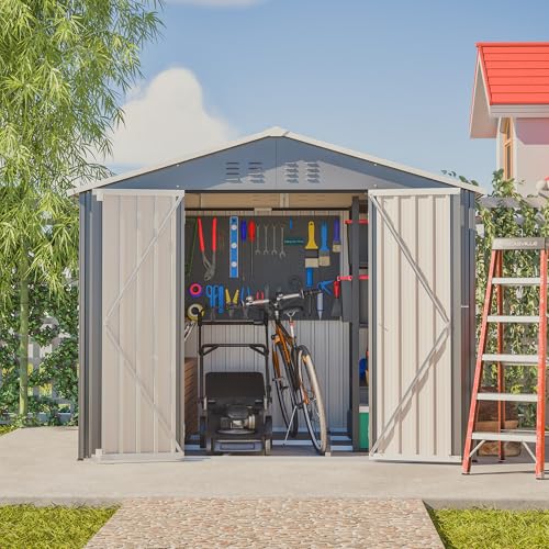 Cobertizo de jardín de metal 8x6 pies, cobertizo de herramientas de metal gris con puerta abatible, cobertizo de jardín ideal para herramientas de jardín, cobertizo resistente a la intemperie para