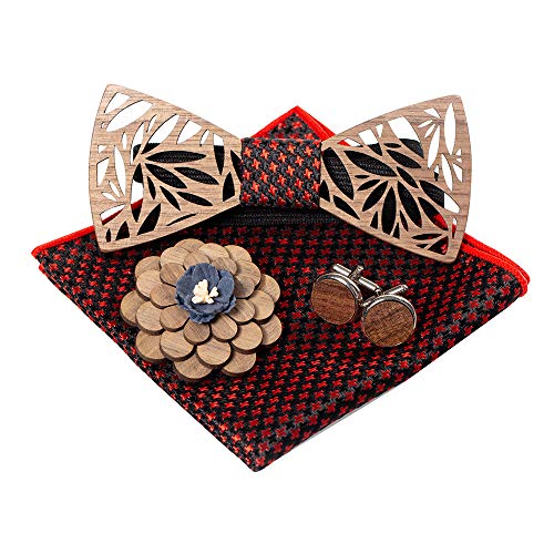 Classic Handmade Mens Wood Bow Tie with Matching Pocket Square and Men's Cufflinks Set - Thumbnail 2
