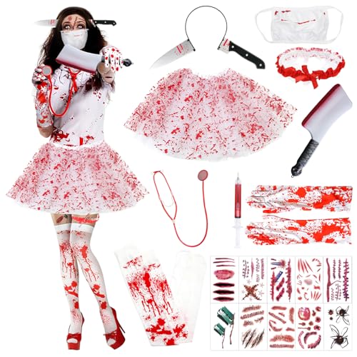 Krankenschwester Kostüm Halloween, Halloween Kostüm Damen, Zombie Krankenschwester Kostüm, Tutu-Röcken mit Stethoskop, Messer Haarreif, Zombie...