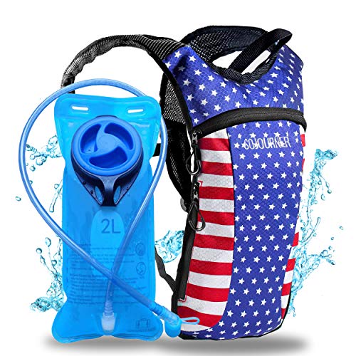 Image of SOJOURNER Hydration Pack Backpack - 2L Water Bladder Included for Festivals, Raves, Hiking, Biking, Climbing, Running and More (USA - American Flag)