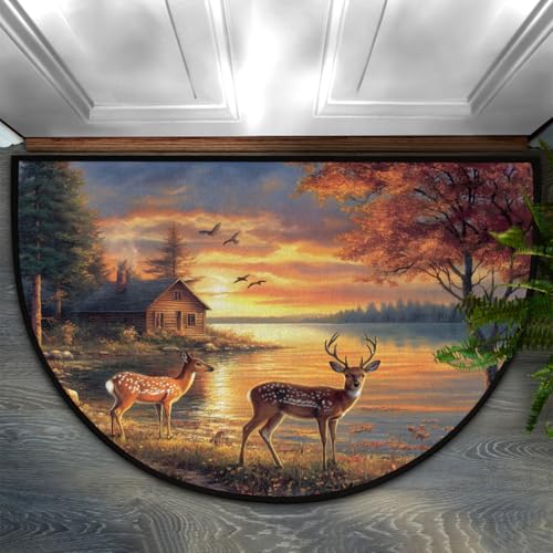 Image of cfpolar Half Round Door Mat Animals Forest Deer Autumn Non-Slip Semi Circle Area Rug Washable Half Moon Hearth Rugs for Indoor Outdoor Bathroom Kitche