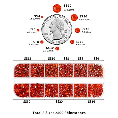 Image of Beadsland Rhinestones for Makeup,8 Sizes 2500pcs Orange Flatback Rhinestones Eye Gems for Nails Crafts with Tweezers and Wax Pencil,Orange,SS4-SS30