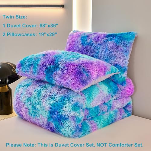 Sucses HNA008 Blue Purple Fluffy Twin Bedding Sets For Girls 3Pcs Faux Fur Plush Shaggy Kids Duvet Cover Set Twin Size Tie Dye Velvet Furry Comforter Cover Set thumb #8