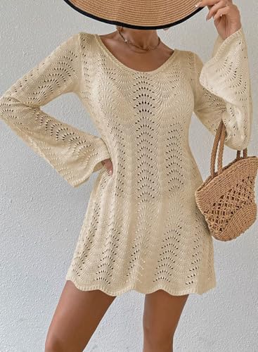 Womens Swimsuit Cover Up Long Sleeve Crochet Bathing Suit Mesh Backless Cover Ups Summer Beach Vacation Outfits 20252