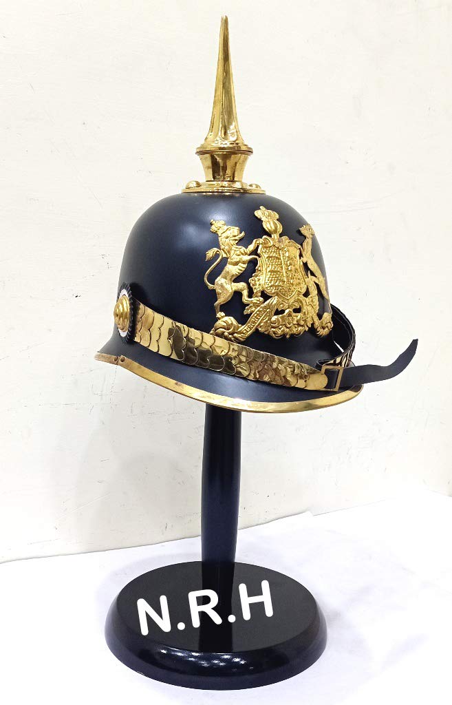 German Pickelhaube Helmet | Halloween Leather Pickelhaube Imperial Prussian Helmet | Brass Military Officer Spiked W/Wooden Stand Black Finish