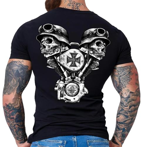 Gasoline Bandit Original Biker Racer Herren T-Shirt: V-Twin Skull - Für Motorradfahrer