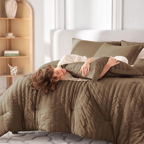 Image of MUXHOMO 7 Pieces Oversized Queen Comforter Set, Seersucker Bed in a Bag Oversized Queen Size, All Season Luxury Bedding Set with Comforter, Flat Sheet, Fitted Sheet, Pillowcases & Shams, Brown