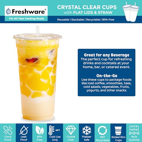 Image of Freshware Clear Plastic Cups with Flat Lids and Straws [100 Cups - 24 oz] Disposable Tumblers for Iced Coffee, Smoothie, Milkshake, Cold Drinks