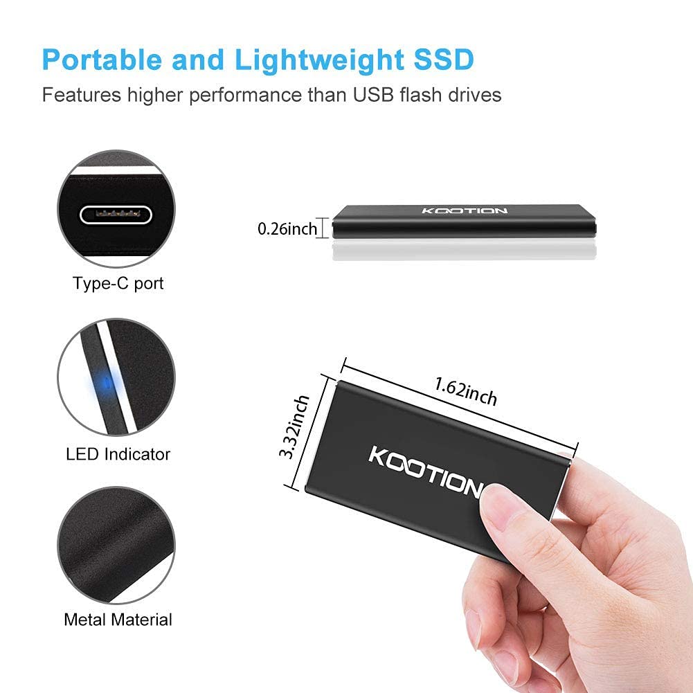 KOOTION 500GB SSD Esterno Hard Disk Esterno Portatile Disco Rigido USB Type C 3.1, Alta Velocità di Lettura e Scrittura Fino a 550 MB/s e 500 MB/s, per MacBook, Computer, Laptop, Desktop, Nero