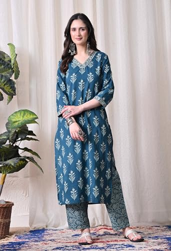 Image of MEERA FAB Women Floral Printed Sequined Cotton Straight Kurta with Palazzos & Dupatta | Sanganeri Print