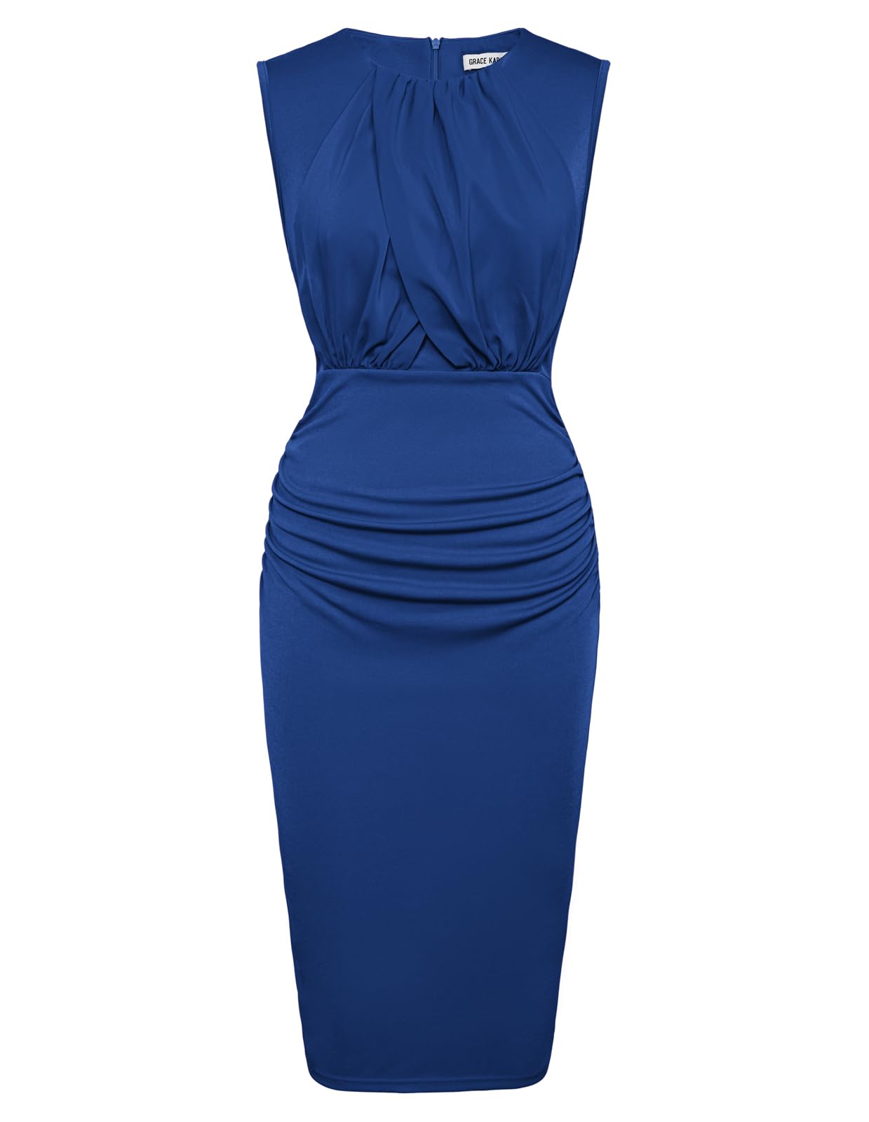 GRACE KARIN Women's Ruched Bodycon Dress Summer Sleeveless Front Drape Patchwork Crew Neck Midi Cocktail Dress