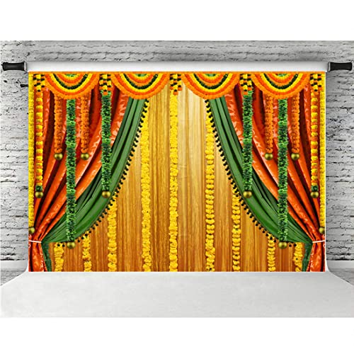 Image of Lofaris India Pooja Photography Backdrop Puja Ganpati Pooja Traditional Mehndi Festival Background Diwali Decorations Wedding Party Marigold Garlands Photo Props 5x3ft
