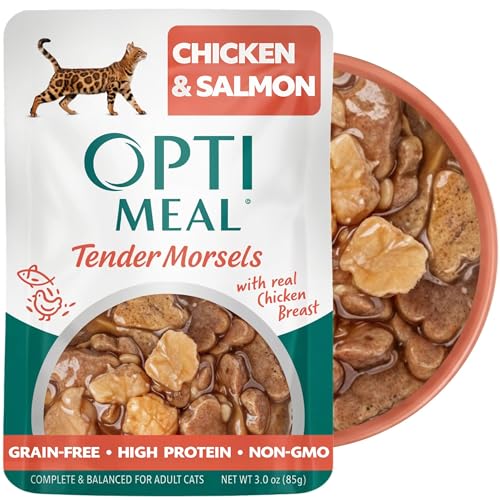 Image of Optimeal Wet Cat Food Grain Free - Chicken & Salmon Tender Morsels, High Protein Premium Nutrition Made with Natural European Ingredients, Adult Cat Pouches 3oz (Pack of 12)