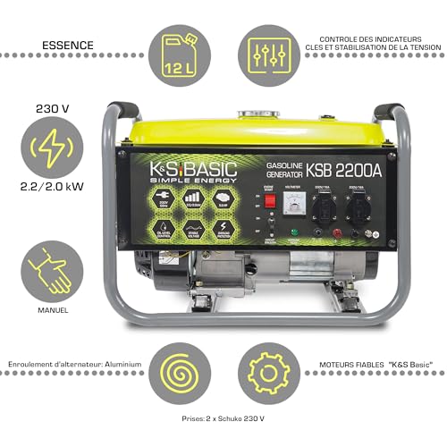 KS BASIC 2200А Stroomgenerator, 5,5 pk, 4-takt benzinemotor, aluminium alternatief, automatische spanningsregelaar (AVR), 2200 watt, 16 A, 230 V generator, voor thuis- en vrijetijdsgebruik - Afbeelding 3