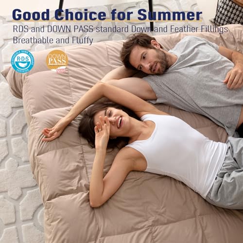 SNOWMAN Extra-Soft Down Blanket King, Lightweight Down Comforter with 8 Corner Tabs, Cooling Bed Comforter for Hot Sleepers, 22oz Fill Weight and Noiseless Down Proof Fabric (Khaki, 106"x90")