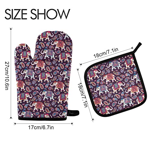 Zzxxb Elephant Paisley Floral Oven Mitts And Pot Holders Set Of 2 Heat Resistant Non-Slip Kitchen Gloves For Cooking Baking Barbecue Grilling #TOP1