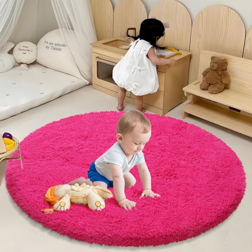 Fluffy Round Area Rugs for Bedroom,Hot Pink 4'X4'Shag Circle Area Rugs for Living Room,Non Slip Fuzzy Plush Rug for Kids Room Boys Girls Room and Dorm