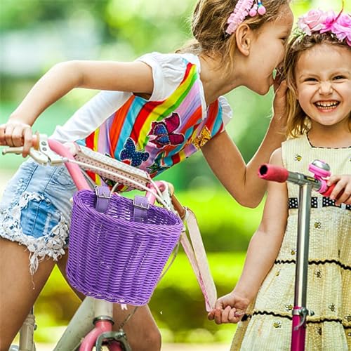 Denxahao Fahrradkorb Kinder Vorne Laufrad Korb Fahrradkörbchen mit Lederriemen, Korb Kinderfahrrad Fahrradkorb Geflochten für Mädchen und Kinder Vorne Kinderfahrradzubehör (#Bunt)