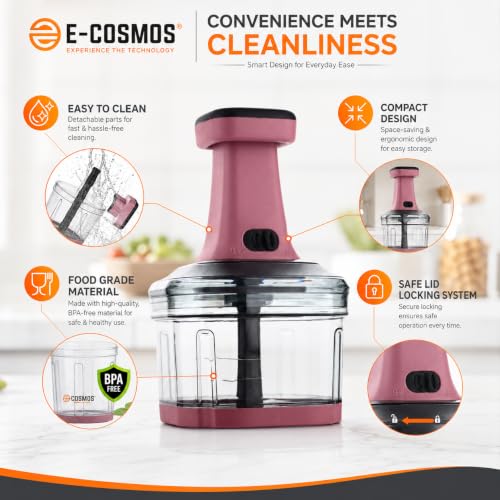 Image of E-COSMOS Food Chopper 800ml, 4 Blade Steel Large Manual Hand-Press Vegetable Chopper Mixer Cutter to Cut Onion, Salad, Tomato, Potato (Dusty Blush)