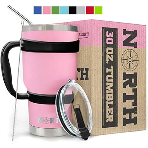 North Pink Stainless Steel Tumbler 5-Piece Set, 30 oz Vacuum Insulated, Travel Mug For Home, Office, School – Like Yeti Tumbler For Ice Drink & Hot Beverage Cover