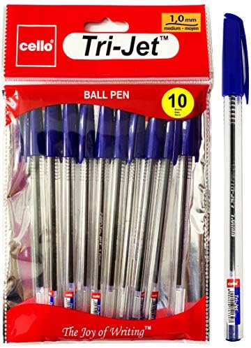 Cello Tri-Jet Ballpoint Pens Extra Grip Medium Point Biros (1.0 mm) - Blue Pens, Pack Of 10