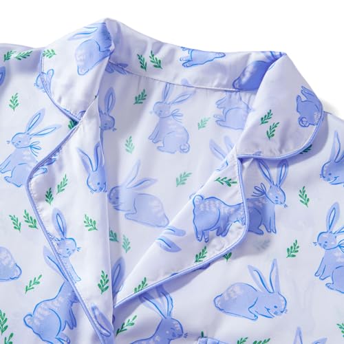 Image of Women Easter Pajamas Set Cute Bunny Button Down Shirt and Shorts 2 Piece Pj Set Y2K Easter Outfits