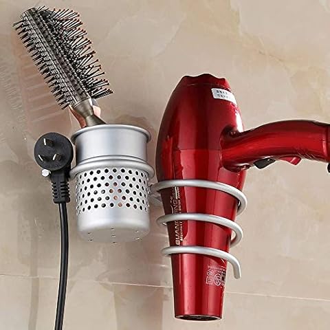 LEEFE Space Aluminum Hair dryer Holder, Wall Mount Spiral Spring Hair Dryer Hanging Rack with Hair Straightener Holder Cover