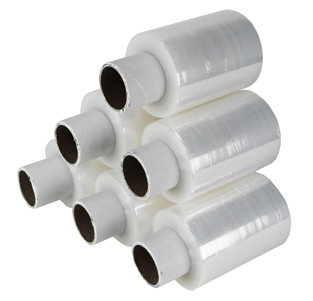 Tezraftaar Light Tezraftaar® 5 X Handy Pallet Wrap Clear Mini Stretch Shrink Cling Film Wrapping Roll For Box Packaging Furniture Industrial Uses 100Mm X 150M 17Mu