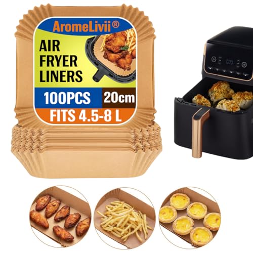 Carta Forno Per Friggitrice ad Aria, 100 Pezzi Teglie Per Friggitrice ad Aria Quadrati 20 x 20 cm, Antigrasso Antiaderente Fodera in Carta Monouso per Padelle, Forno e XL XXL Friggitrice ad Aria Calda