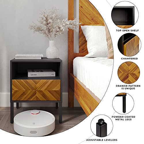 Bme Vivian Solid Wood Nightstand/Side End Table, Fully Assembled, with Herringbone Pattern for Rustic Bedroom, Rustic Golden Brown and Black - Thumbnail 6