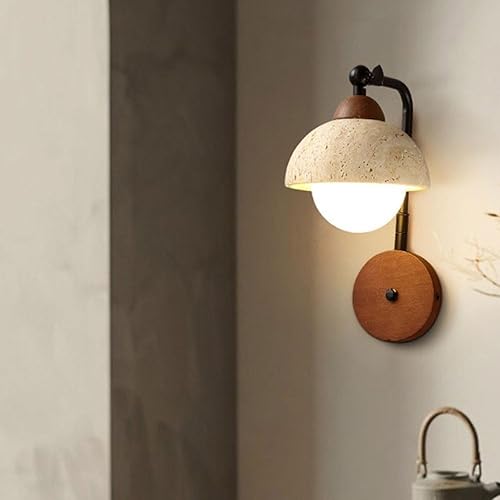 Miniatura 4 de Yellow Travertine Wall Mounted Lamp Vintage Farmhouse Wood Wall Light Fixture Modern Natural Stone Wall Sconce with Switch and Adjustable Rotation