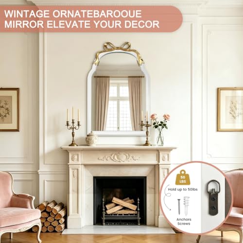 Image of 28x28 inch Bow Mirrors for Wall, Round /Circle God Decorative Wall Mounted Mirror, Irregular Mirrors Suitable for Bedroom, Hallway, Living Room Decoration, Nursery, Girls Room (Arch White 36 inchLX24 inchW)