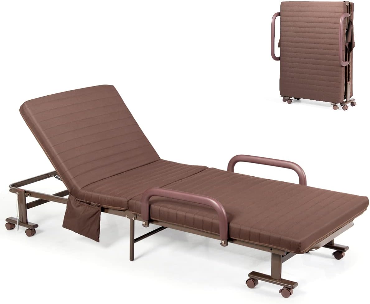 COSTWAY Folding Sofa Bed with Mattress, Wheels and Side Pocket, 6