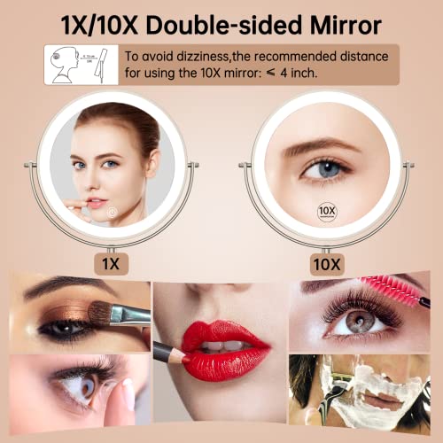 Anfauny 8" Lighted Makeup Mirror With Magnification, 1X/10X Double Sided Vanity Mirror With 3 Color Lights, Rechargeable 54 Leds Dimmable Touch Sensor & 360° Rotation Tabletop Cosmetic Mirror, Nickel #TOP1